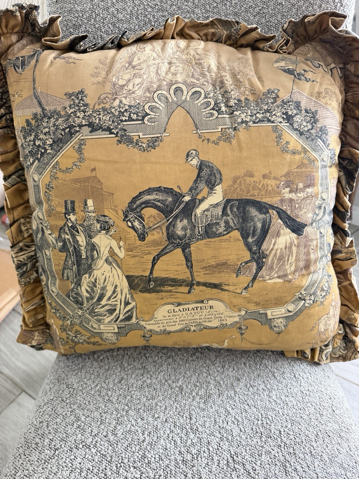 Vintage French Equestrian Gladiateur 1865 Horse Racing Pillow Ruffled Toile