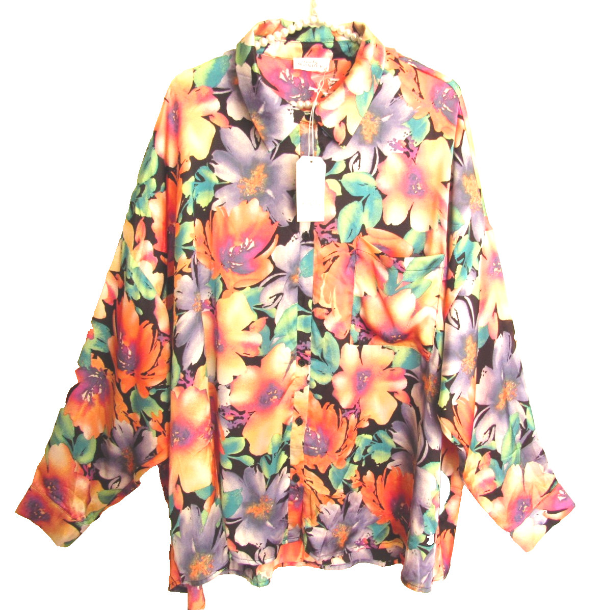 NWT Emily Wonder Multicolor Floral 3/4 Sleeve Hi-Low Satin Look Top Blouse 2X