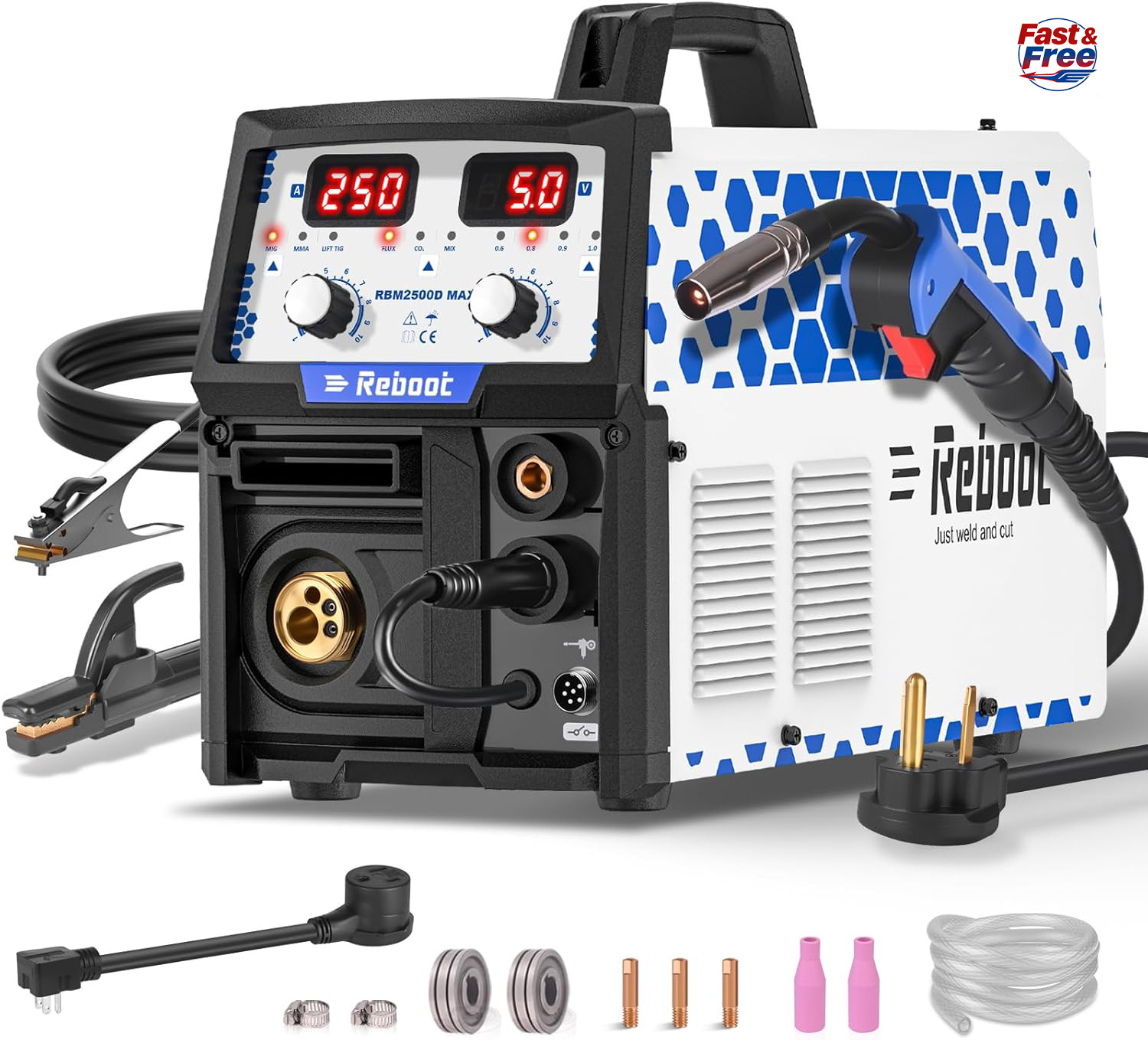 Reboot RBM2500D MAX 250A 5-in-1 MIG Welder,Lift TIG, MIG Gas/Gasless, Stick