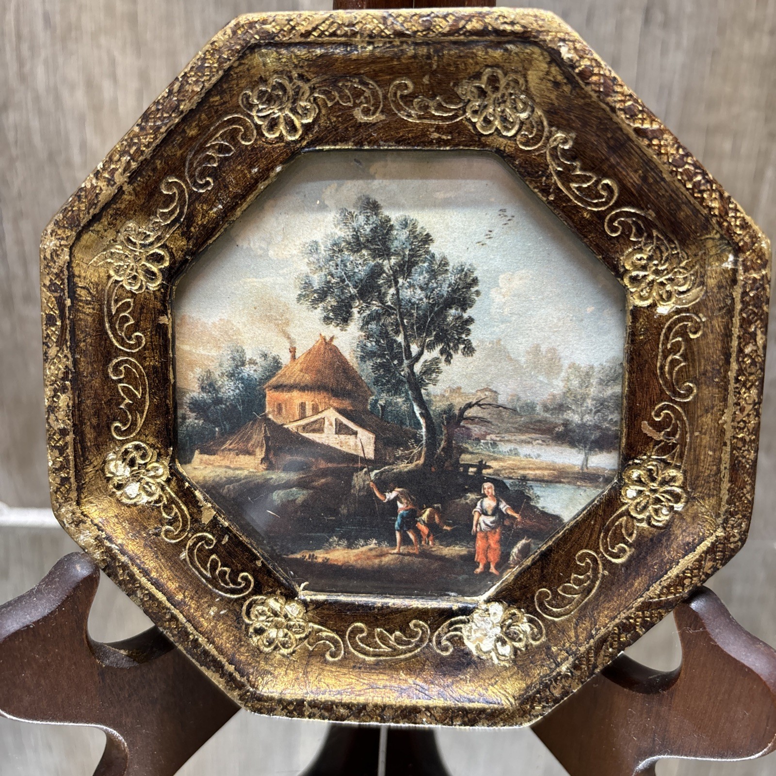 Italian Florentine Gilt Wood Impressionist Print Octagon Frame Farm House 5” Italian Florentine Gilt Wood Impressionist Print Octagon Frame Farm House 5”