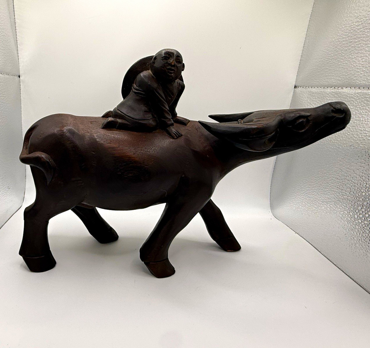 Vintage Hand Carved Wood Buffalo Figurine w/ Rider, Brown Natural Finish Vintage Hand Carved Wood Buffalo Figurine w/ Rider, Brown Natural Finish