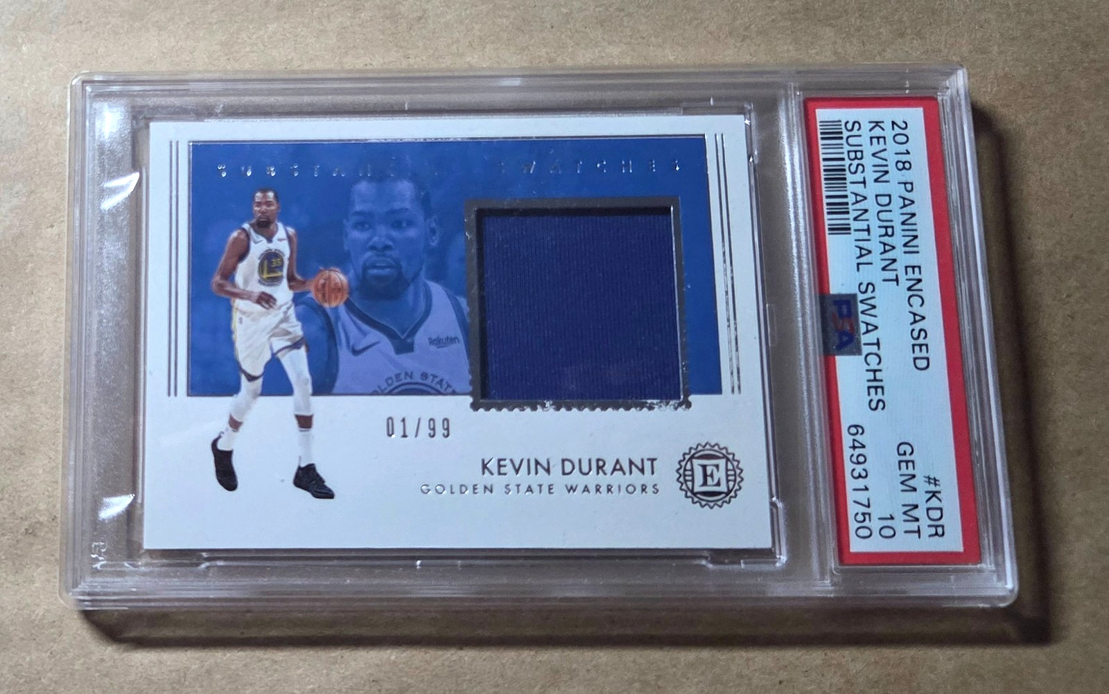 KEVIN DURANT ~~ ( sp  01/99 ) PSA 10 ~~ 2018 panini encased SUBSTANTIAL SWATCHES