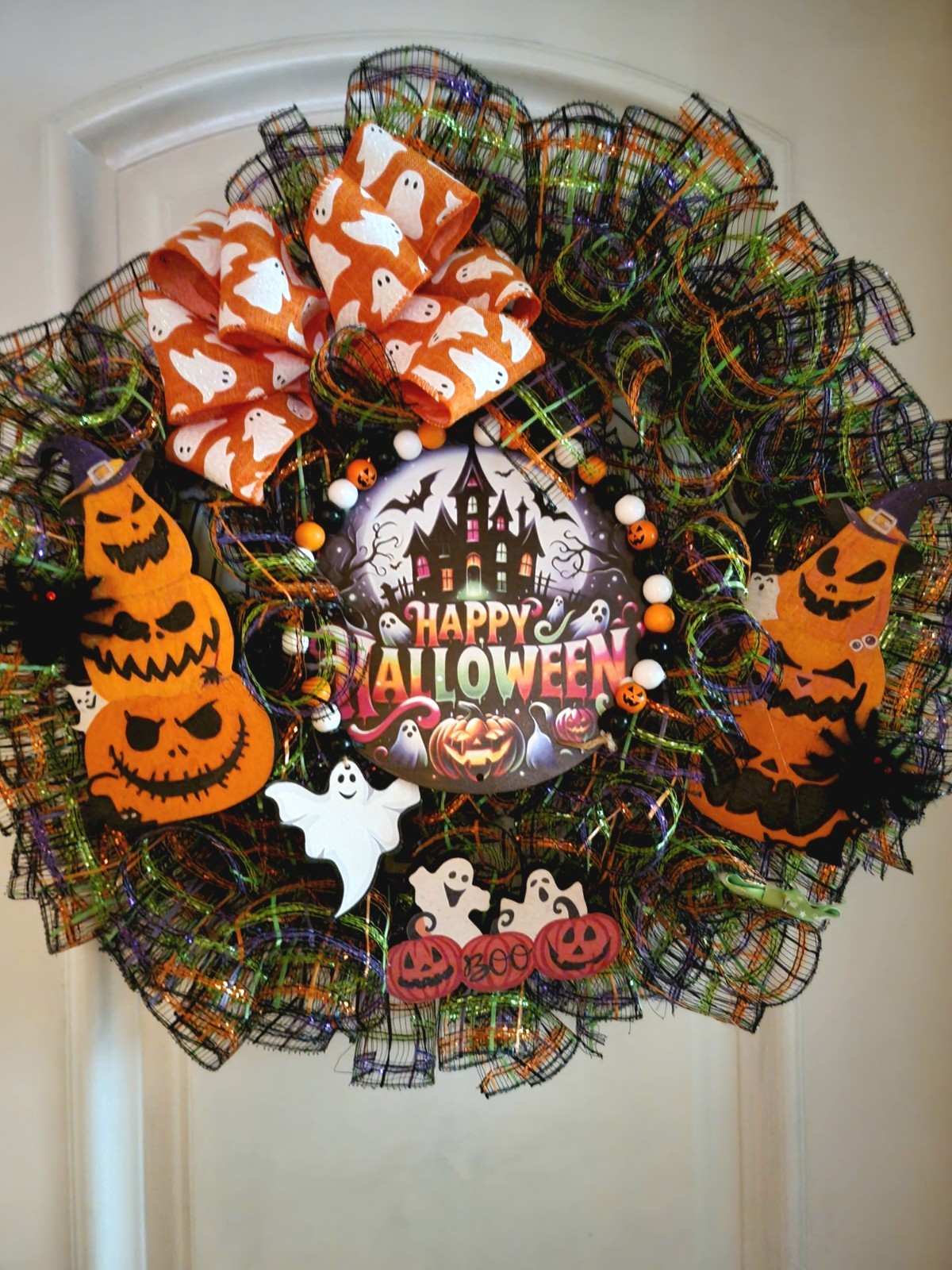 Fall Halloween Deco Mesh Wreath Wood Elements Beads Haunted House Handmade Fall Halloween Deco Mesh Wreath Wood Elements Beads Haunted House Handmade