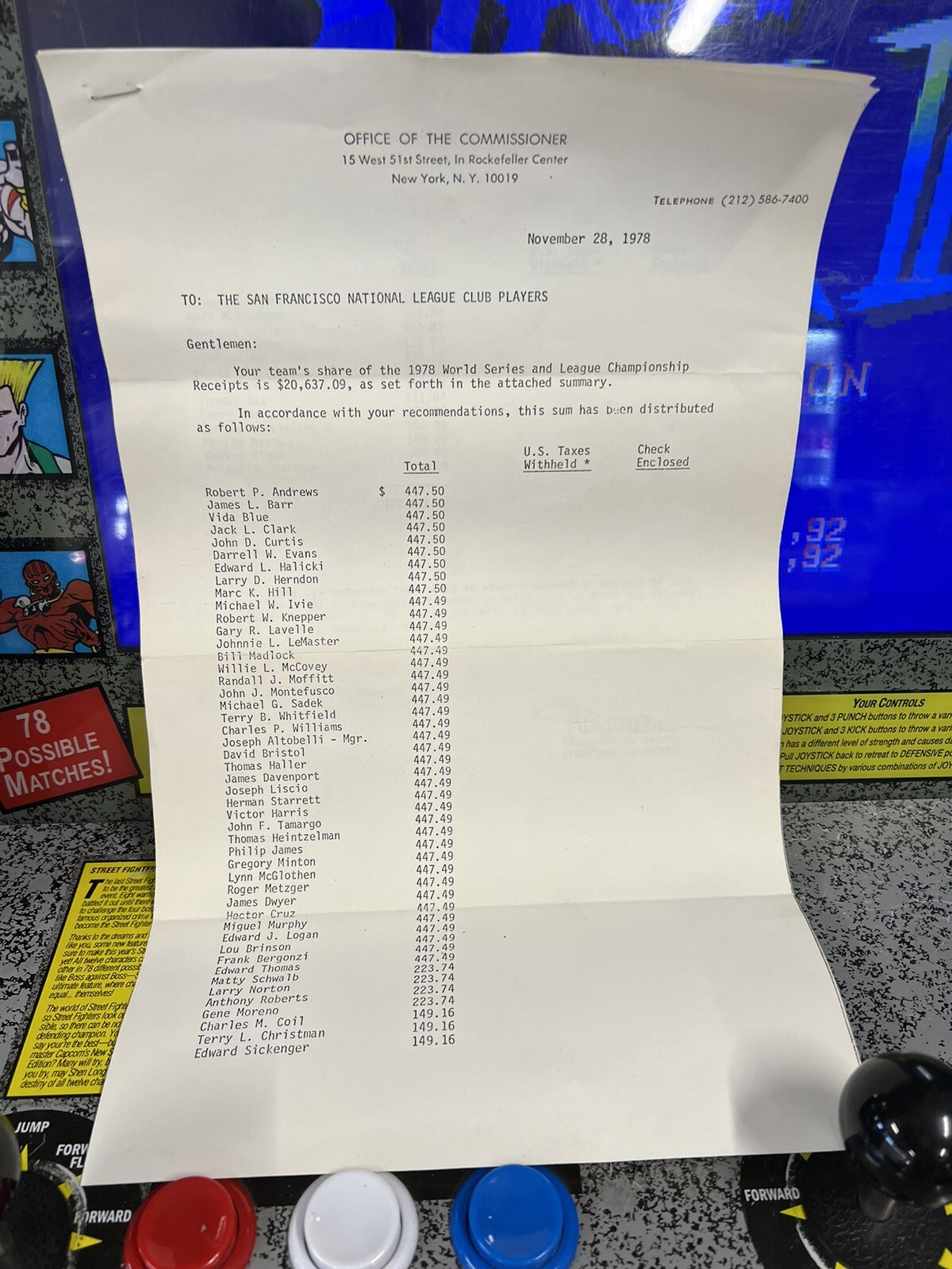 1978 MLB Office of the Commissioner SF Giants $20K Postseason Shares Letter RARE