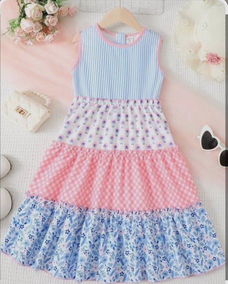 SHEIN Girls Tiered Sleeveless Dress Blue Pink Floral Striped Gingham Size 10Y 4 SHEIN Girls Tiered Sleeveless Dress Blue Pink Floral Striped Gingham Size 10Y 4