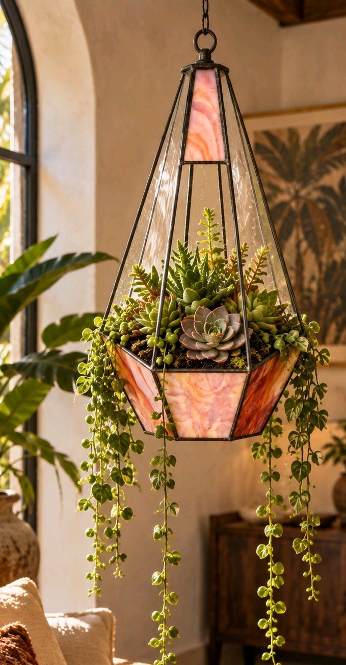 Vintage 1970s Stained Slag Glass Hanging Terrarium Planter MCM Boho Decor