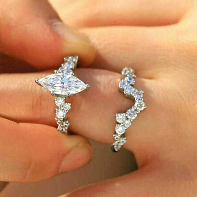 Wedding Bridal Set Ring 14k White Gold Plated 3CT Marquise Lab Created Diamond