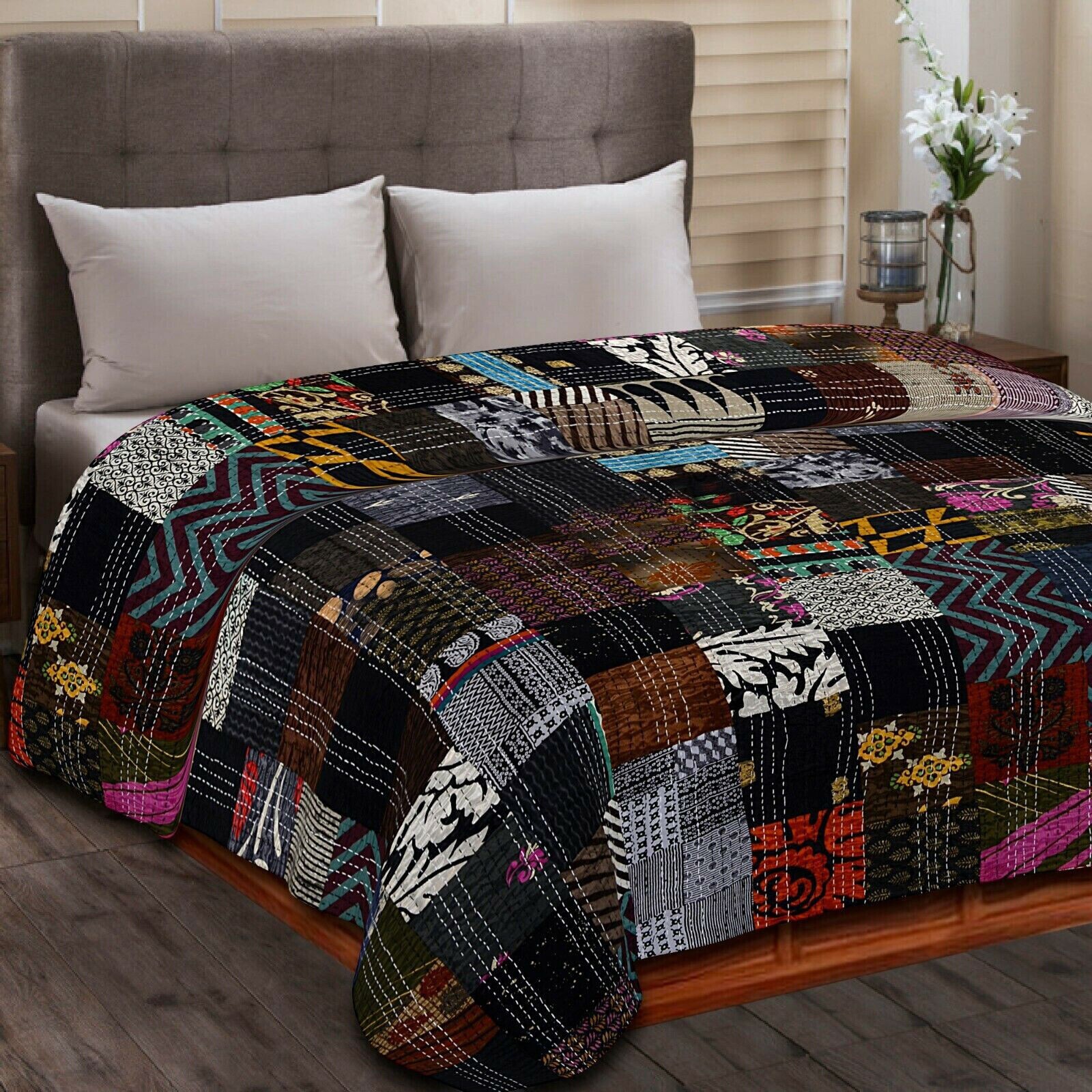 indian handmade Vintage Silk patchwork kantha Bedspread Quilt throw Blanket king
