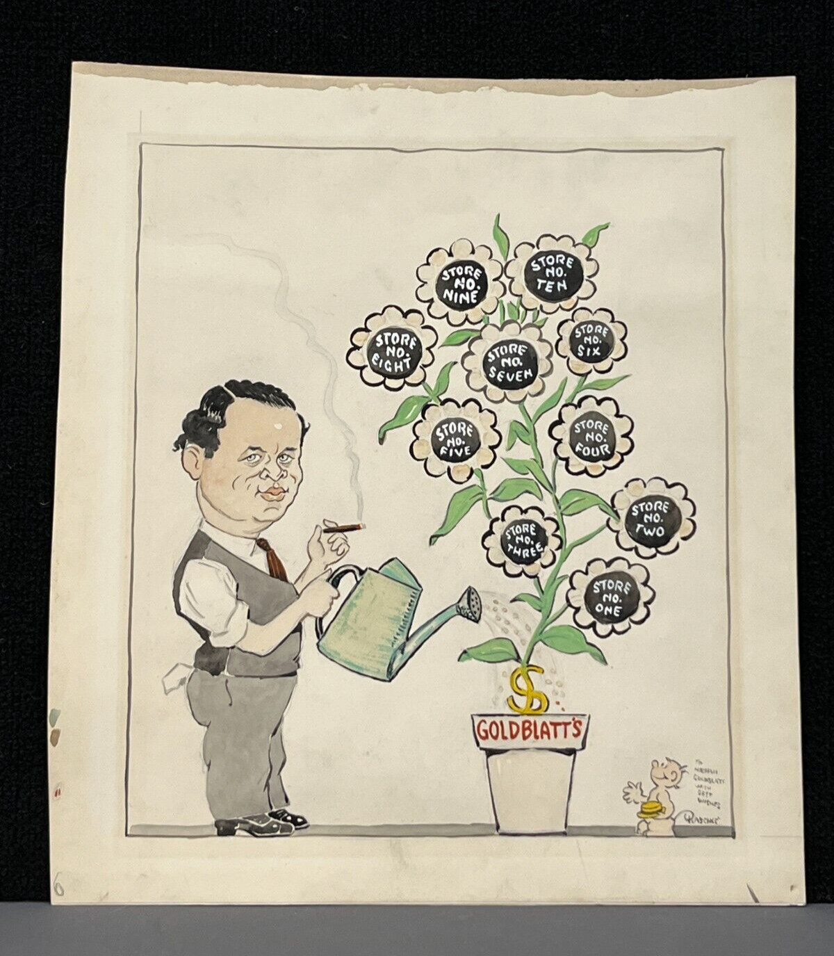 Paul Plaschke Original Cartoon Watercolor Drawing of NATE GOLDBLATT, c. 1940’s