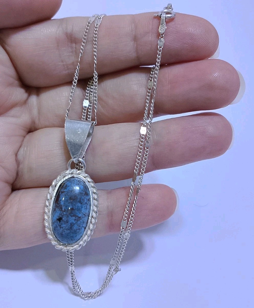 Rare genuine Sinai turquoise feroza pendant Necklace 925 silver 9.5g