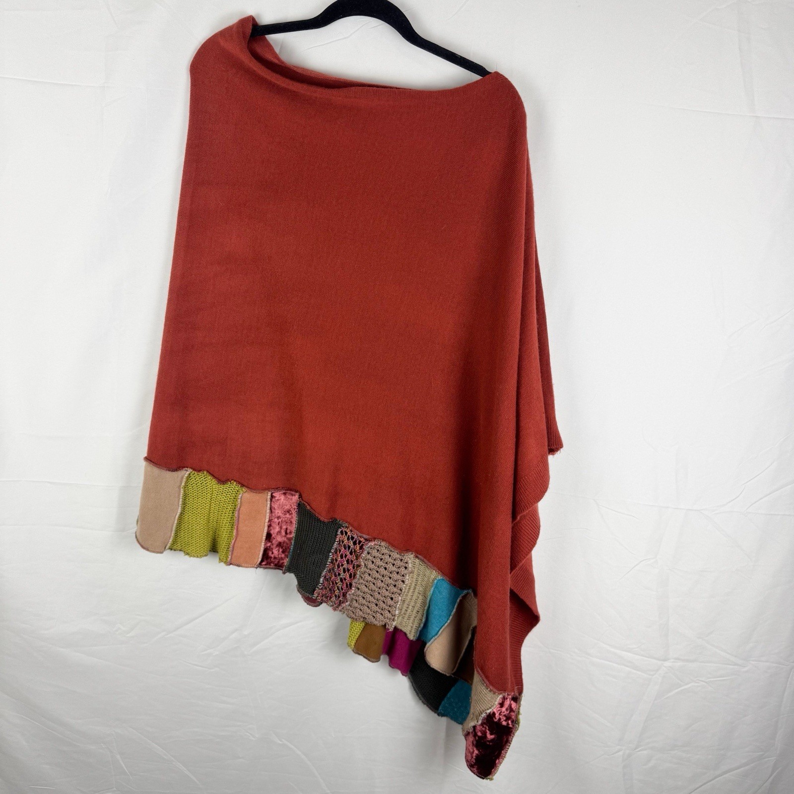Boho Festival Poncho Patchwork Rust Orange Multicolored Lagenlook Indie Western