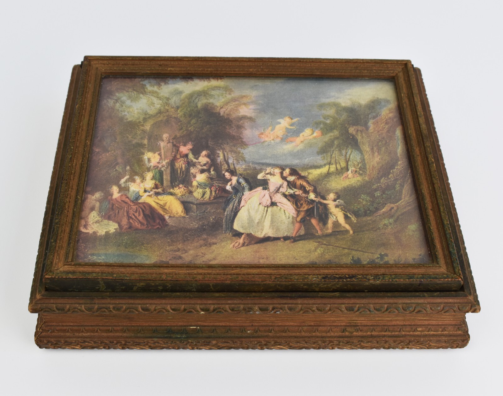 Rare antique wooden box with decorative lid, collectible painting storage box