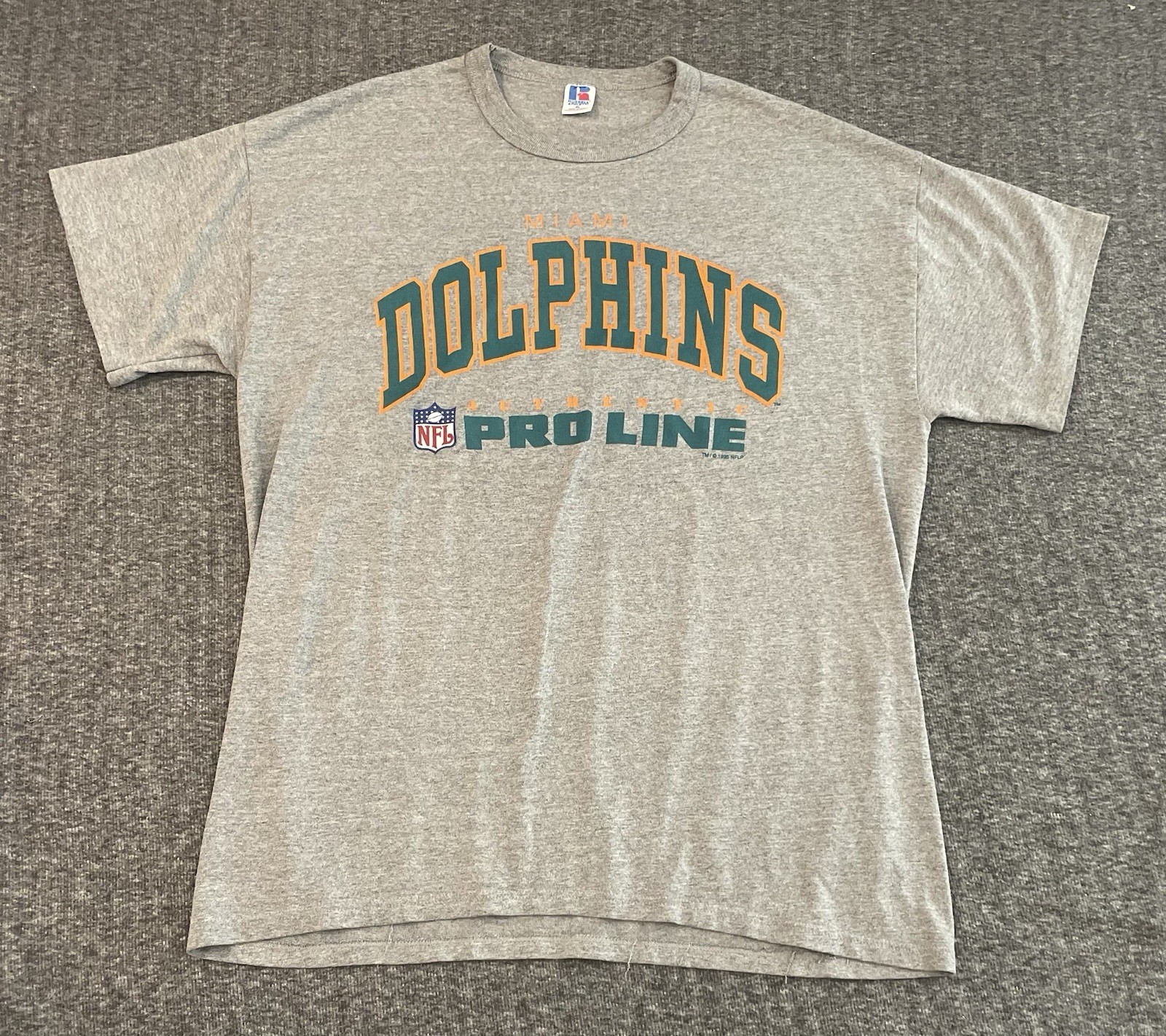 Vintage 1995 Miami Dolphins T Shirt Mens XL Gray Russell Pro Line Single Stitch