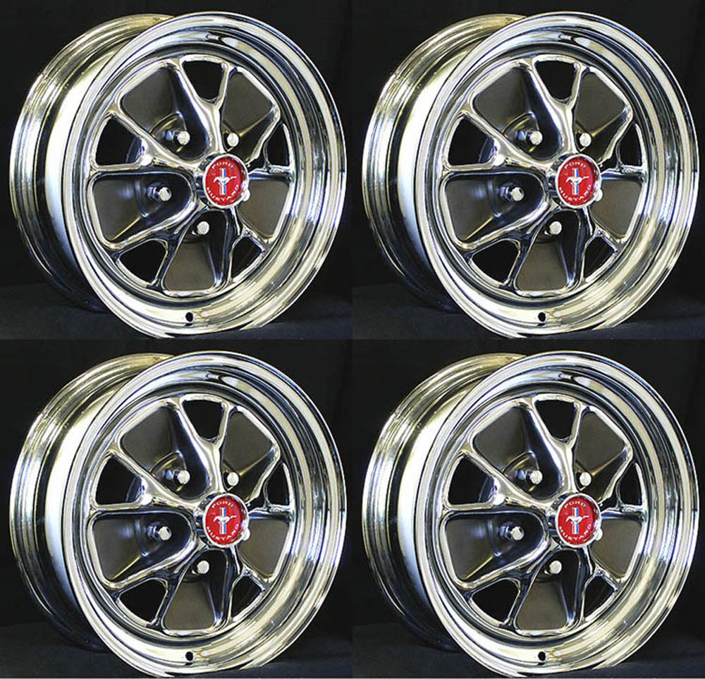 New 1965 1966 Mustang Style Styled Steel GT Wheels 15x7 Complete set Caps & Nuts