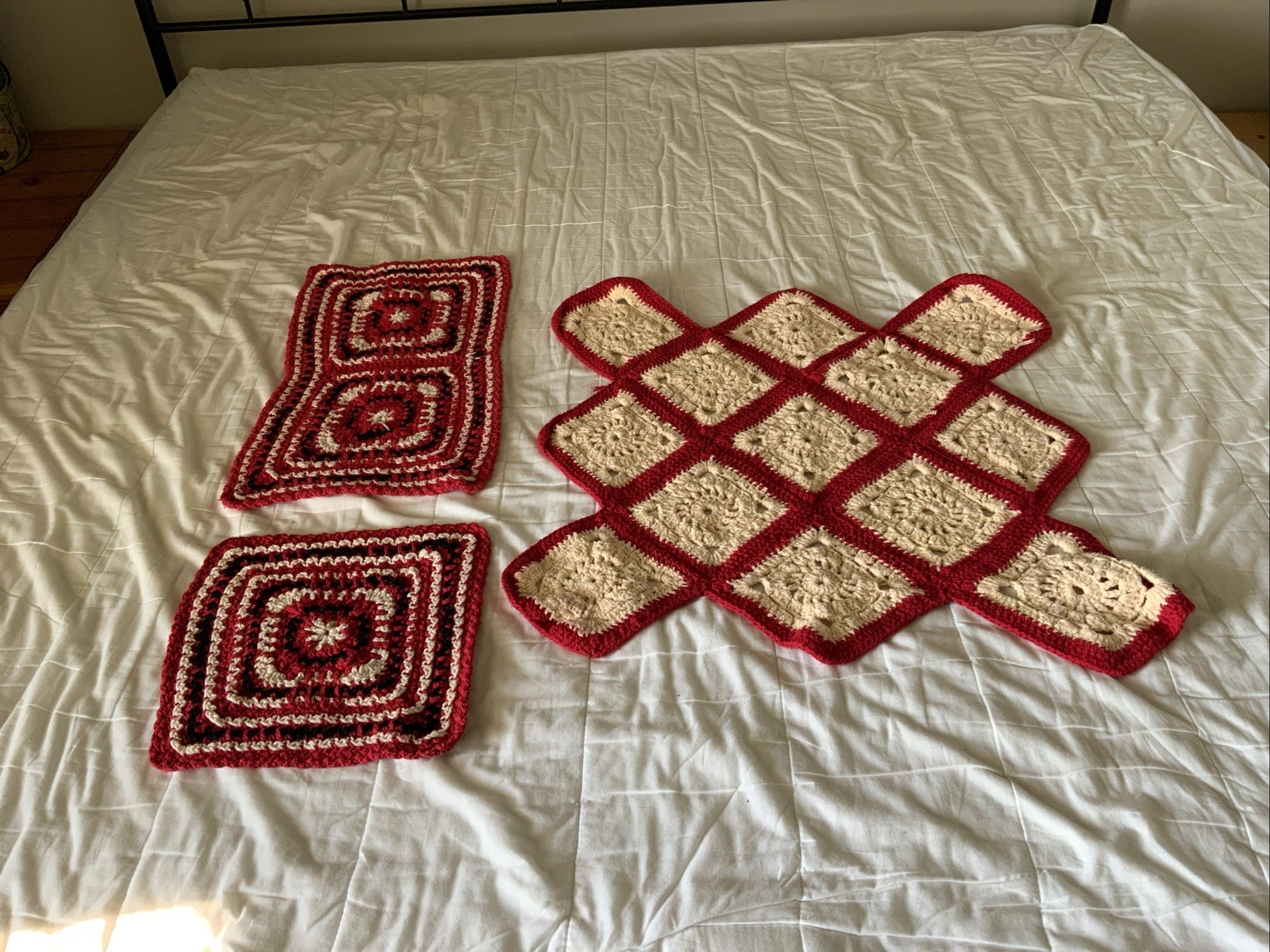 Vintage Hand Crocheted Granny Square Afghan Unfinished Blanket Red White Lot 3 Vintage Hand Crocheted Granny Square Afghan Unfinished Blanket Red White Lot 3