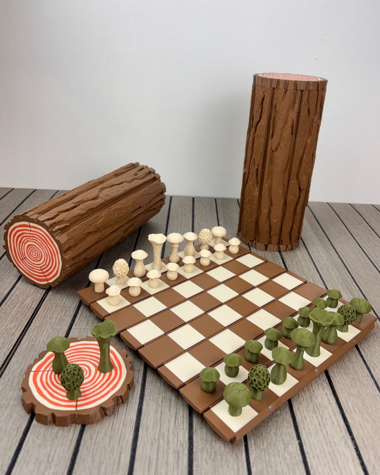 3D Printed Forest Chess Set, Mushroom-Themed Pieces, Log Board (Tabletop Decor)