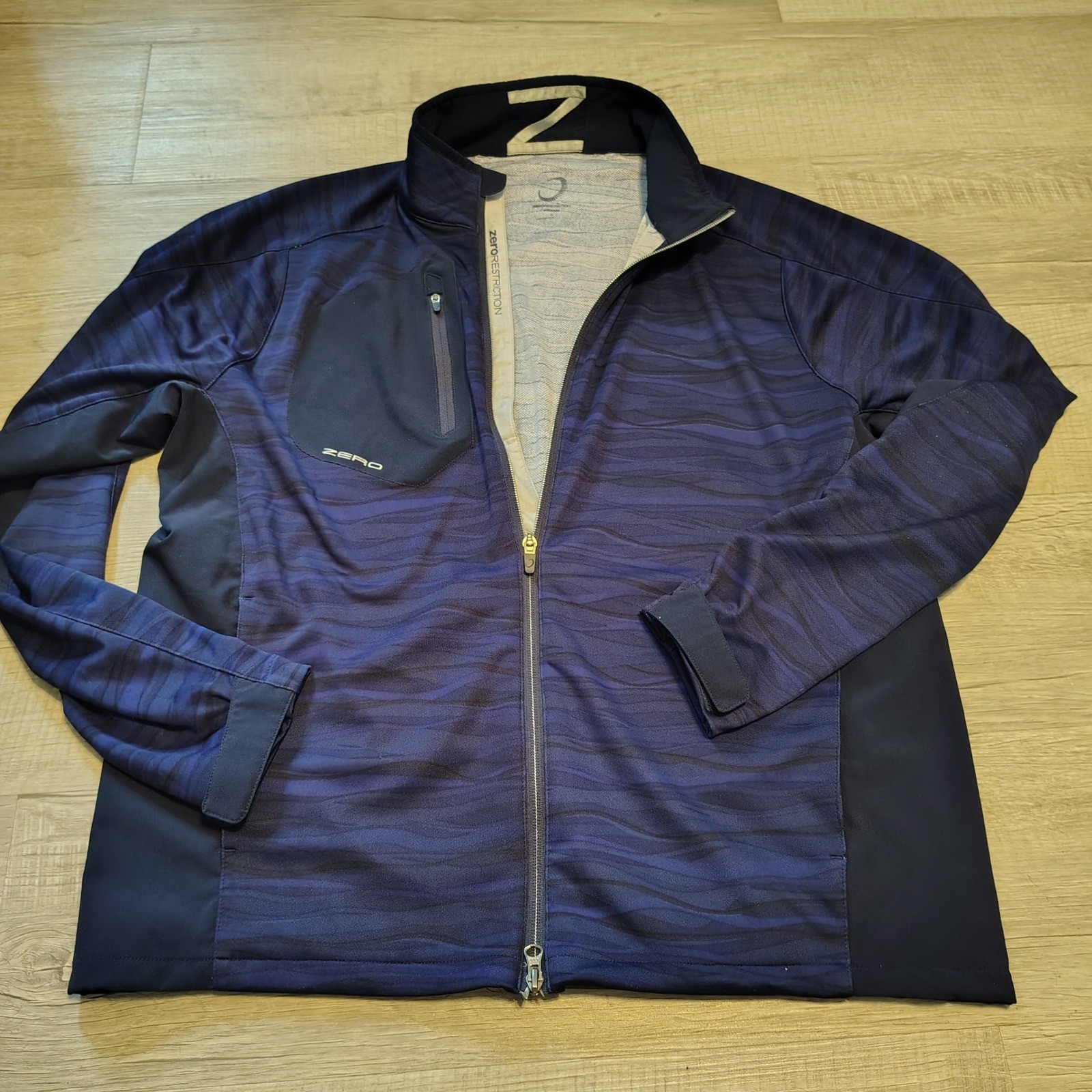 Zero Restriction Mens Navy Blue Wave Print Full Zip Golf Jacket Size Large Zero Restriction Mens Navy Blue Wave Print Full Zip Golf Jacket Size Large