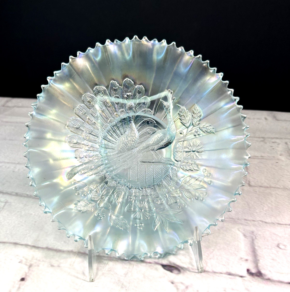 Carnival Northwood Ice Blue Opalescent Peacocks on the Fence Bowl Vintage Decor Carnival Northwood Ice Blue Opalescent Peacocks on the Fence Bowl Vintage Decor