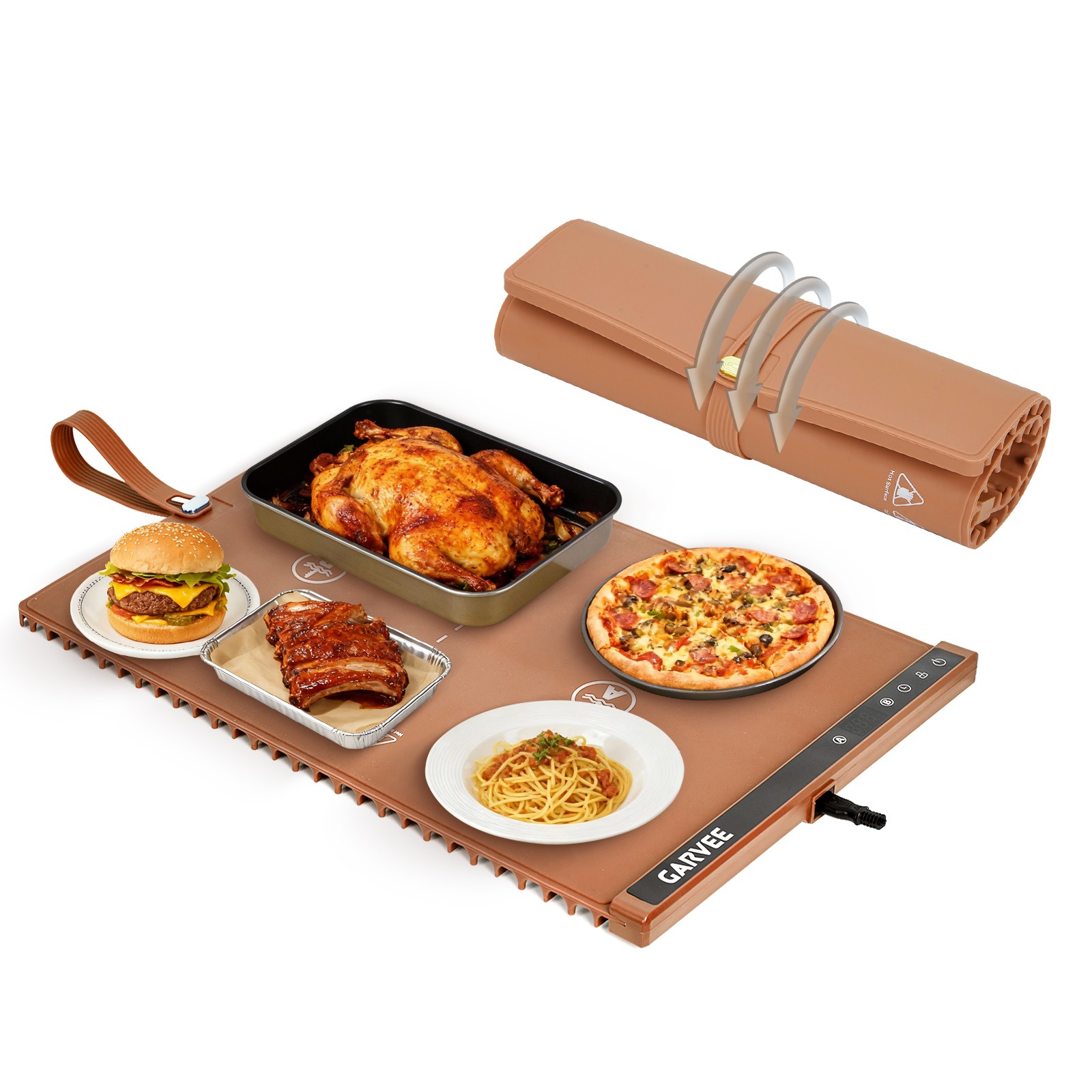 Rollable Silicone Food Warming Mat, Dual Zone Temperature Control
