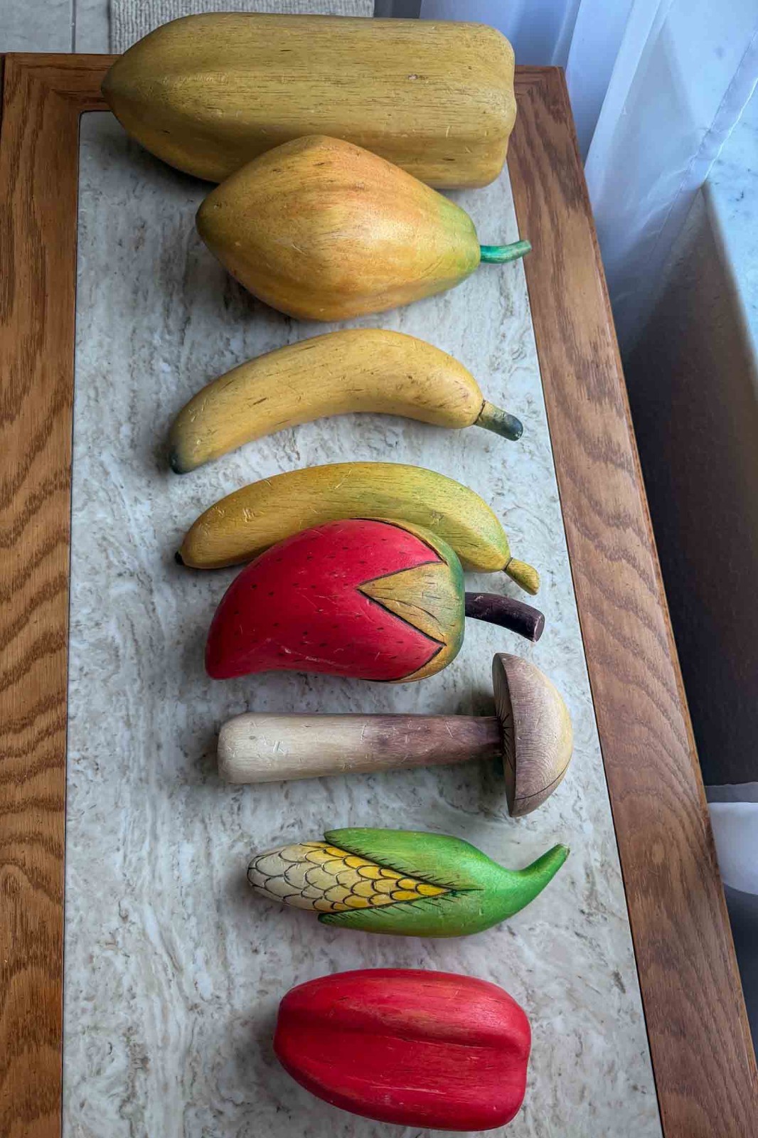Vintage Hand Carved Painted Wooden Fruit Set 8 Pc Folk Art Tropical Kitchen Deco