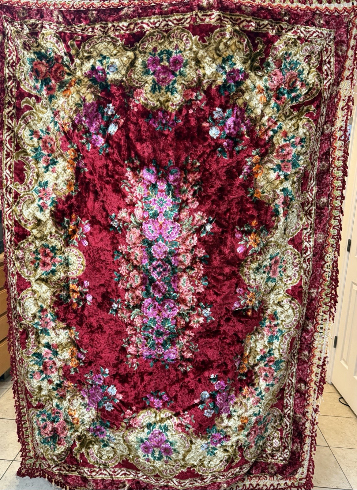 Vintage Italian Velvet Floral Tapestry Wall Rug Bedspread Red 60 x 85 inches
