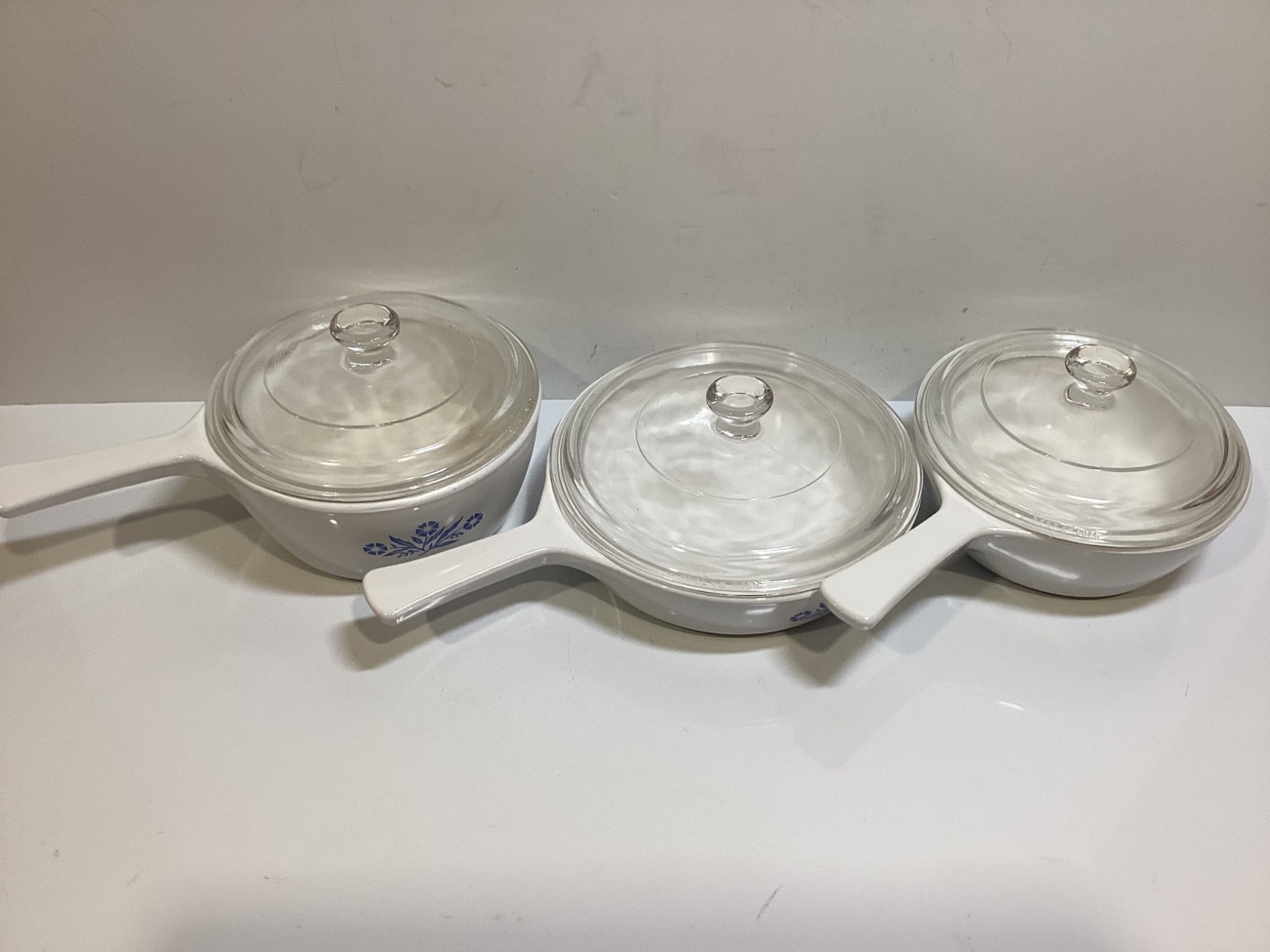 Vtg used 6 Pc Corning Blue Cornflower Menuette Set Saucepans Lids P81B P82B P32B