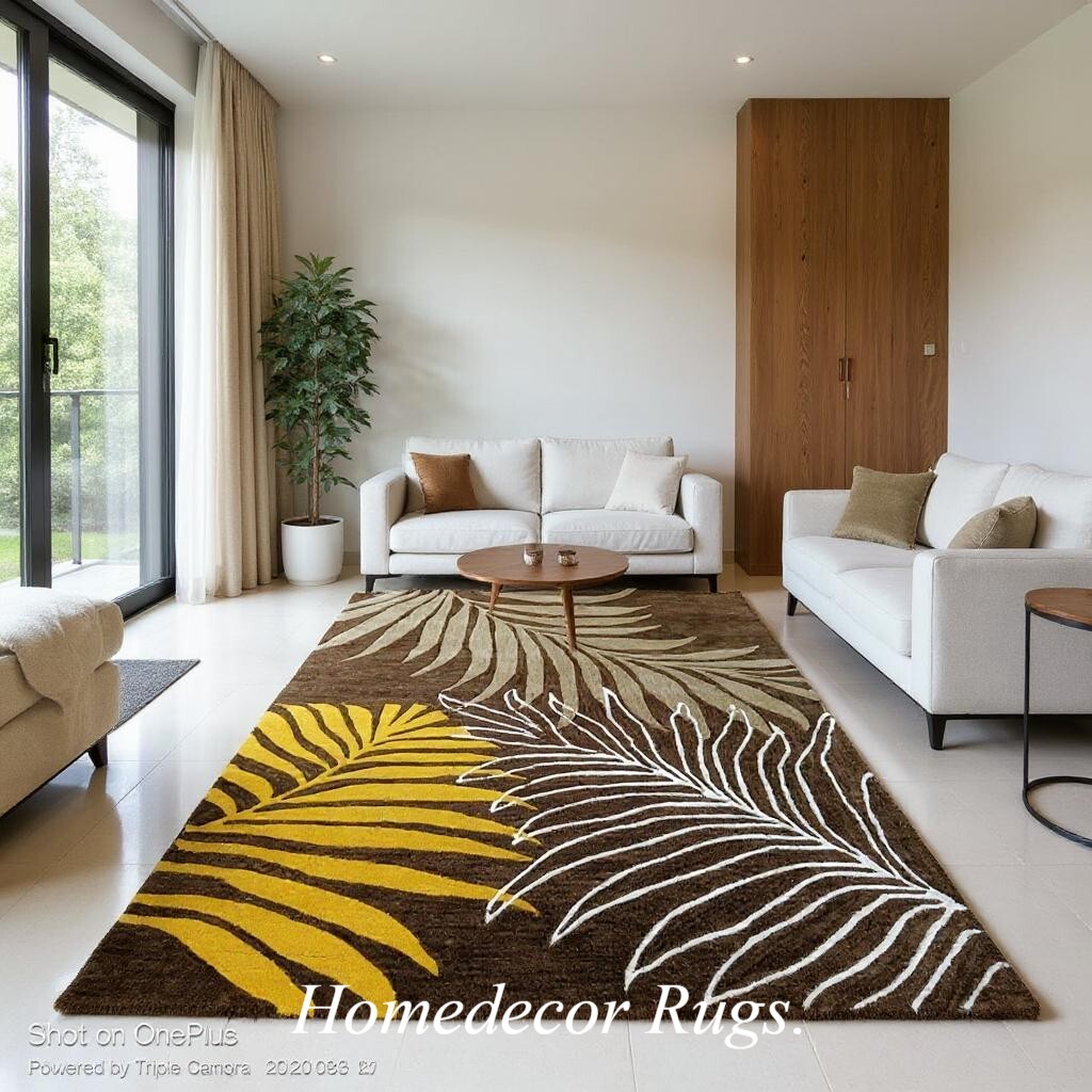 Modern Tropical Leaf Pattern Area Rug - Brown, Yellow, and White - Homedecor Rug