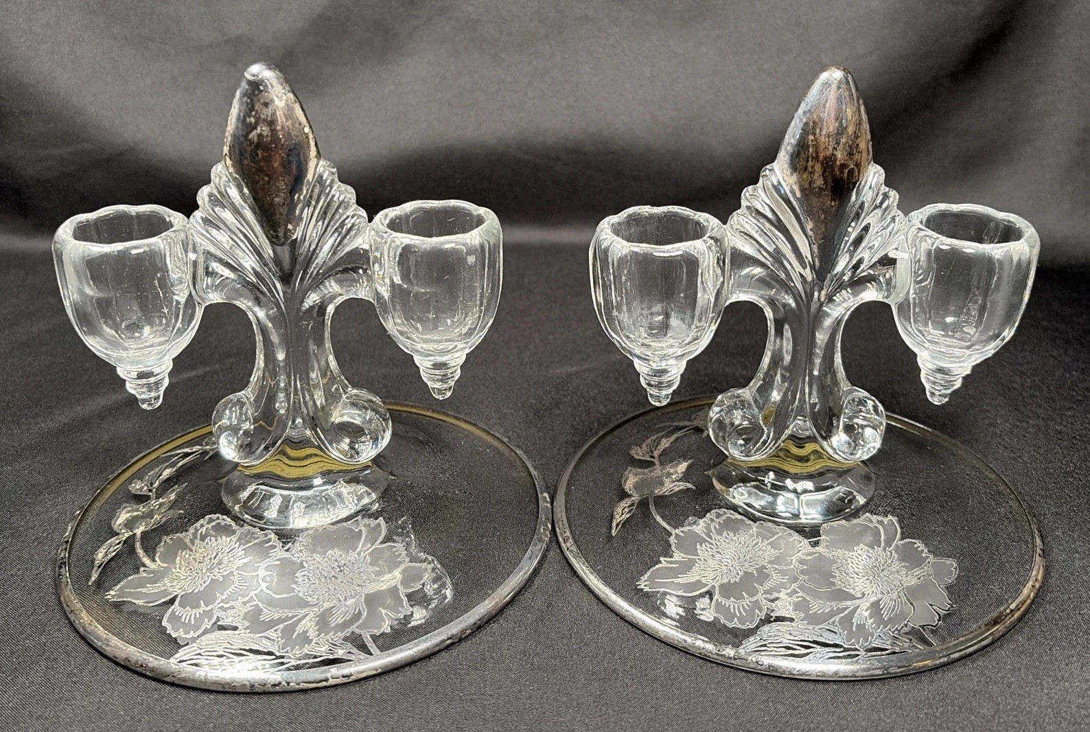 VTG Set 1930’s Martinsville Double Candle Holders  Fleur-de-lis Silver Overlay