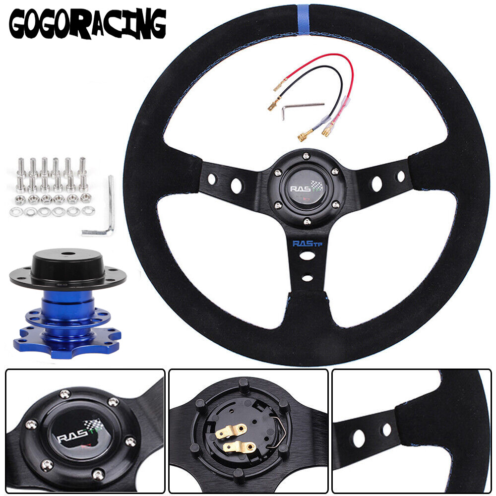 Black 345mm/14inch Suede Racing Steering Wheel Blue Ring + Quick Release Adapter