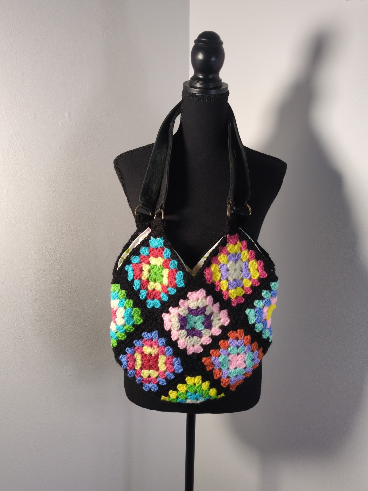Crochet Granny Square Shoulder Bag, Multicolor, Lined, Leather Handle, Handmade Crochet Granny Square Shoulder Bag, Multicolor, Lined, Leather Handle, Handmade