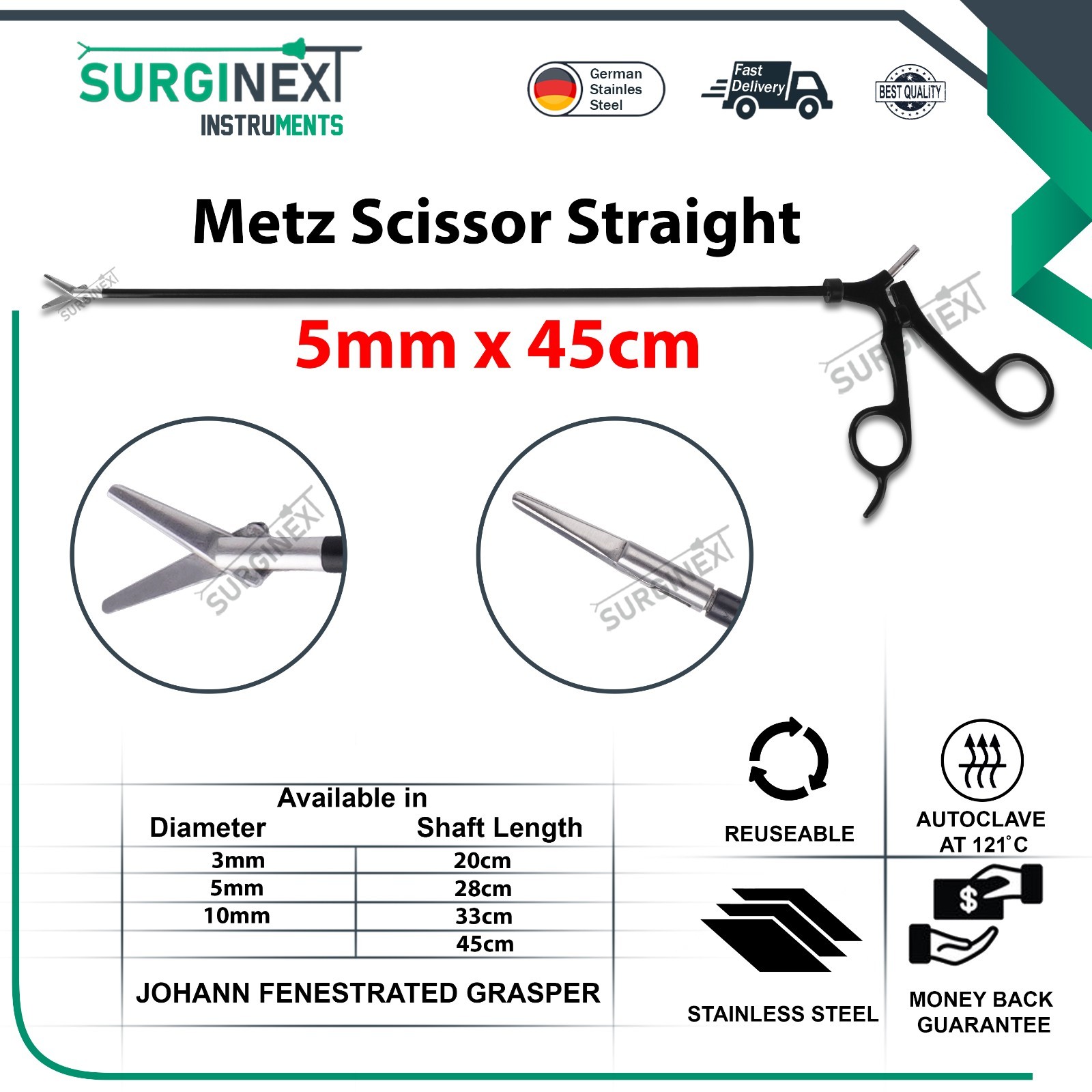 SurgiNext Laparoscopic 5mm 45cm Metzenbaum Scissor Straight Bariatric Scissors