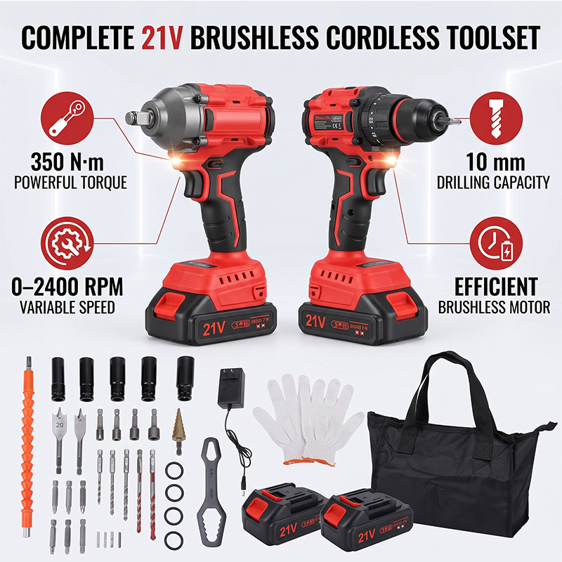 21V Cordless Drill Impact Driver Combo Kit Dual 1.3Ah Batteries Speed Adjustabl