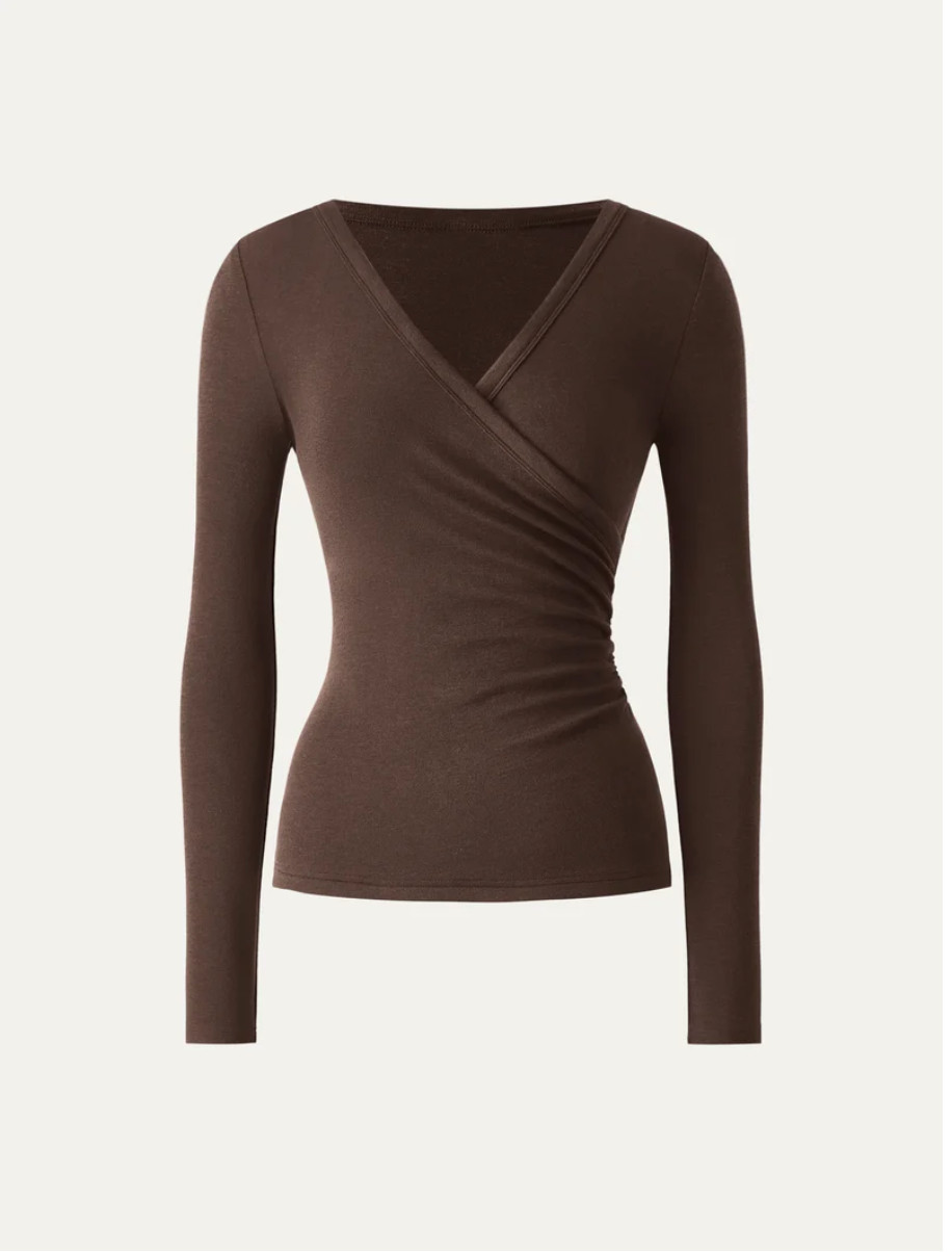 OGL Surplice Top Eco-MiYaMoon Ruched Long Sleeve Umberwood Brown XS NWOT OGL Surplice Top Eco-MiYaMoon Ruched Long Sleeve Umberwood Brown XS NWOT