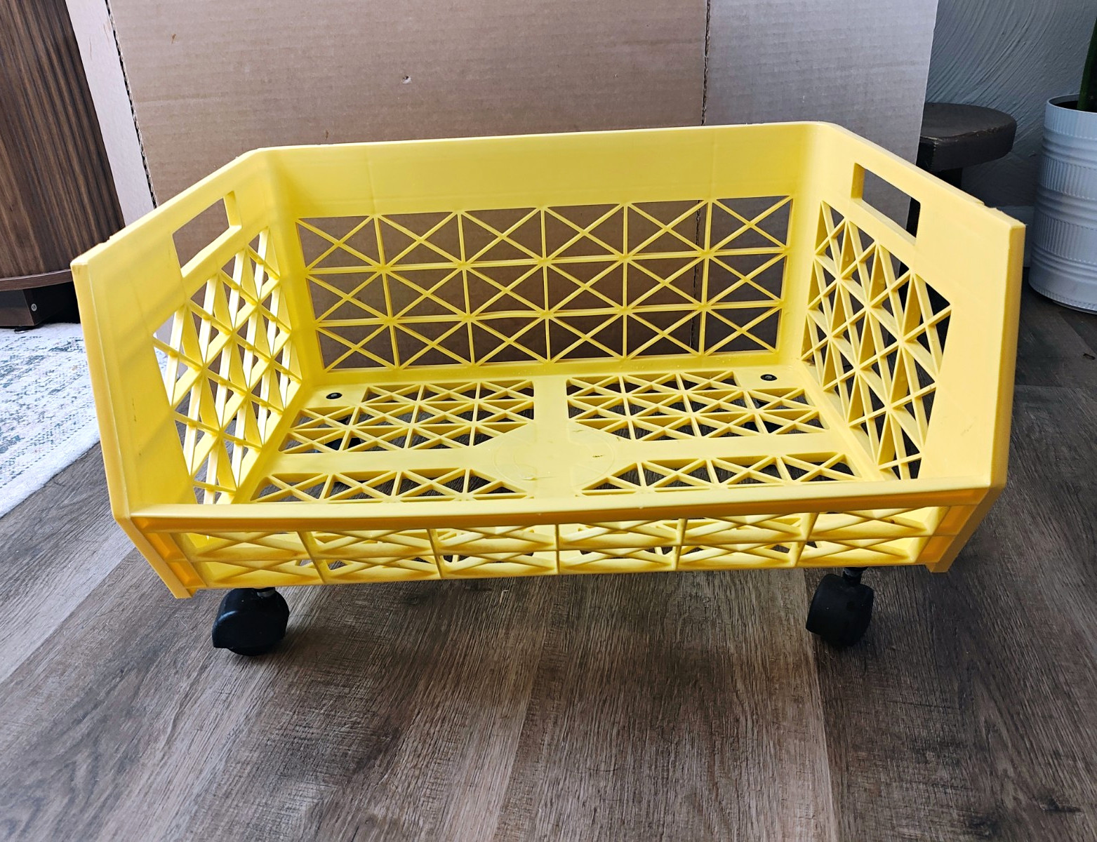VTG 1970s Yellow/Black Plastic Rolling Basket Rectangle w/ Handles & Wheels VTG 1970s Yellow/Black Plastic Rolling Basket Rectangle w/ Handles & Wheels