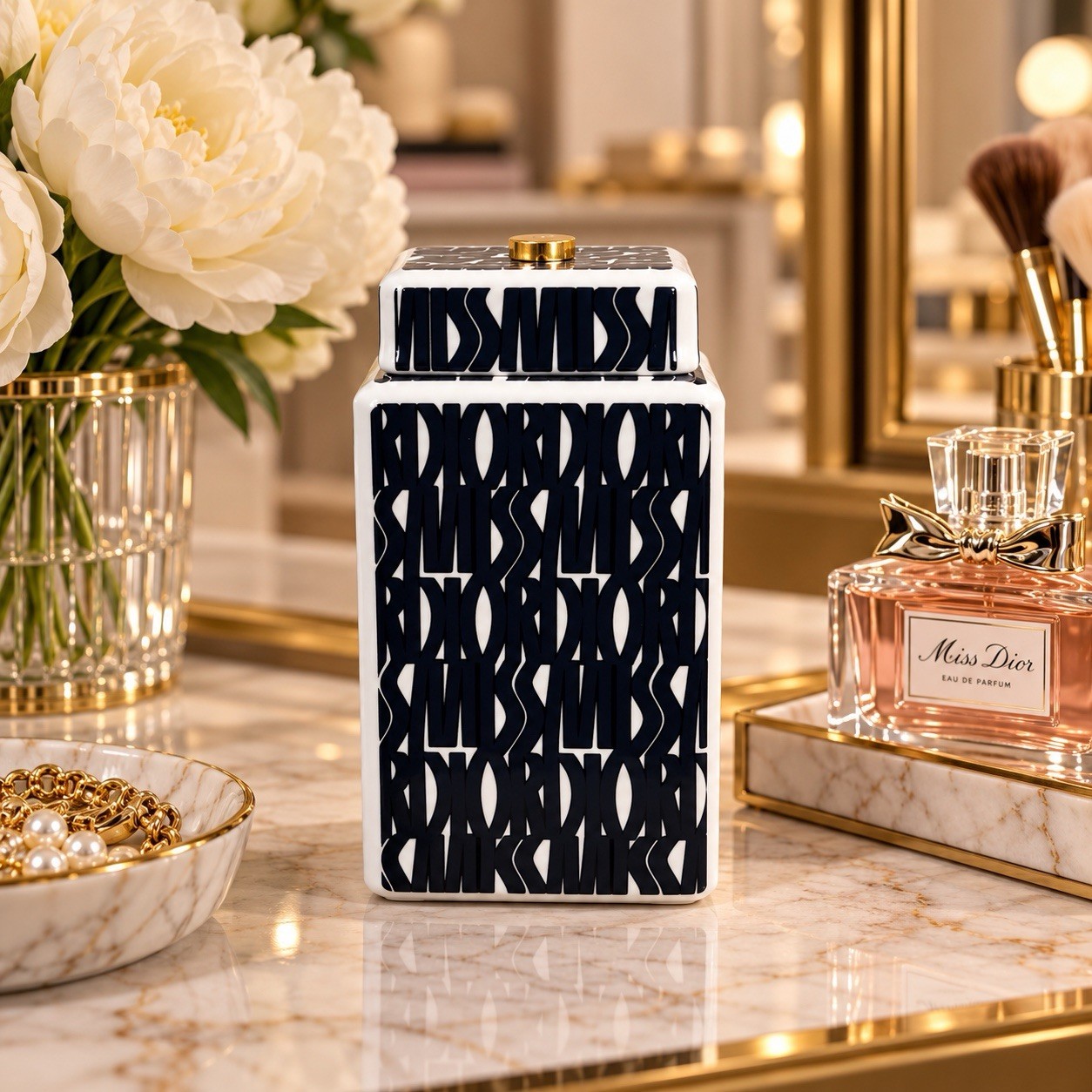 Dior 2024 VIP Miss Dior Porcelain Tea Jar Navy White Gold Lidded Canister