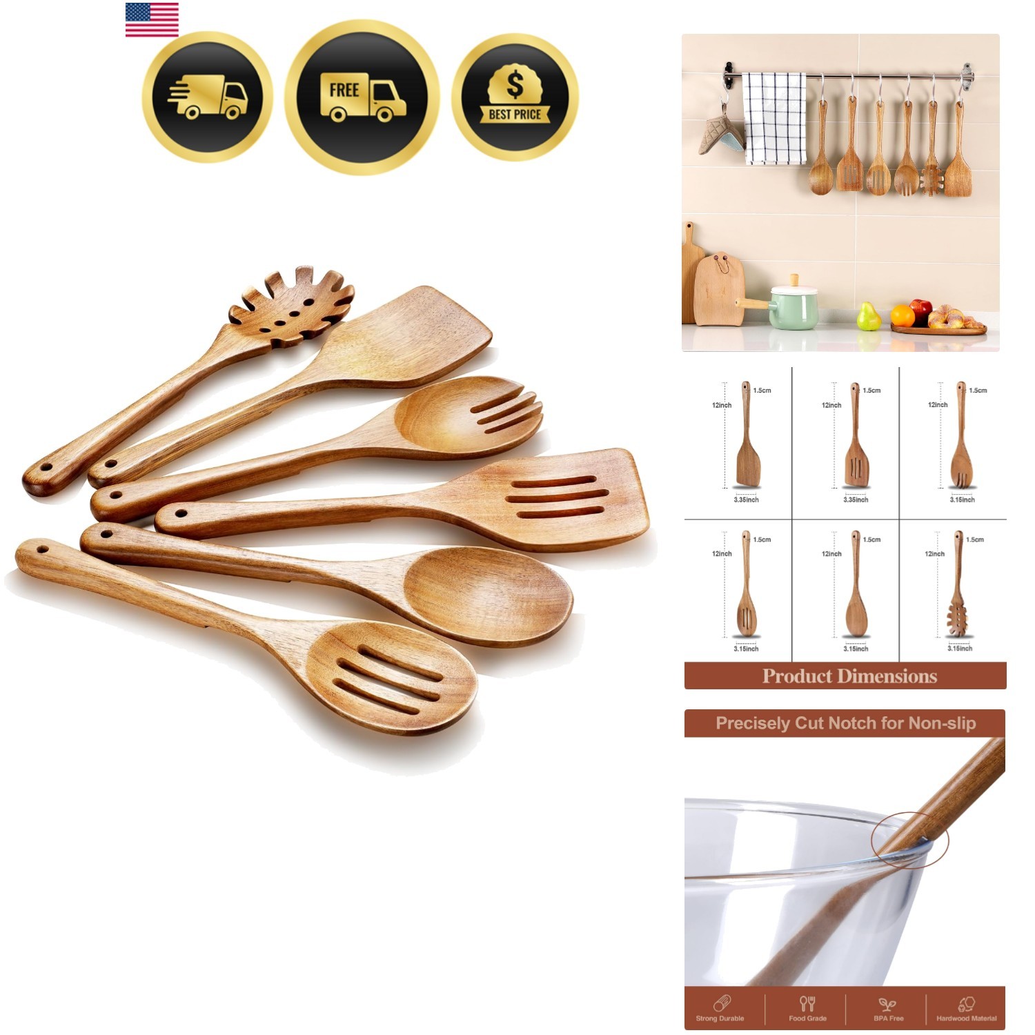 Wooden Kitchen Utensil Set 6 Pcs Non Scratch Heat Resistant Acacia Wood