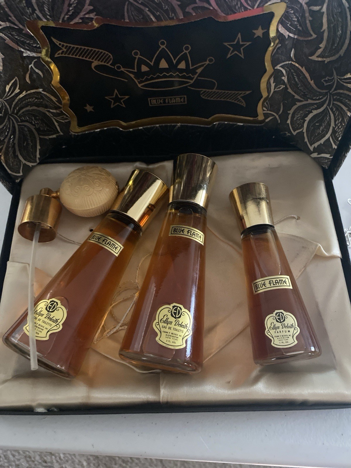 Vintage 1940s Ellyn Deleith Blue Flame Perfume Set 3 Bottles Original Box