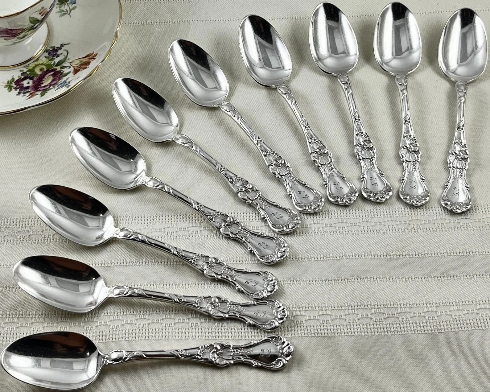 Antique Wallace Floral Tea Spoons Set 10 Monogrammed