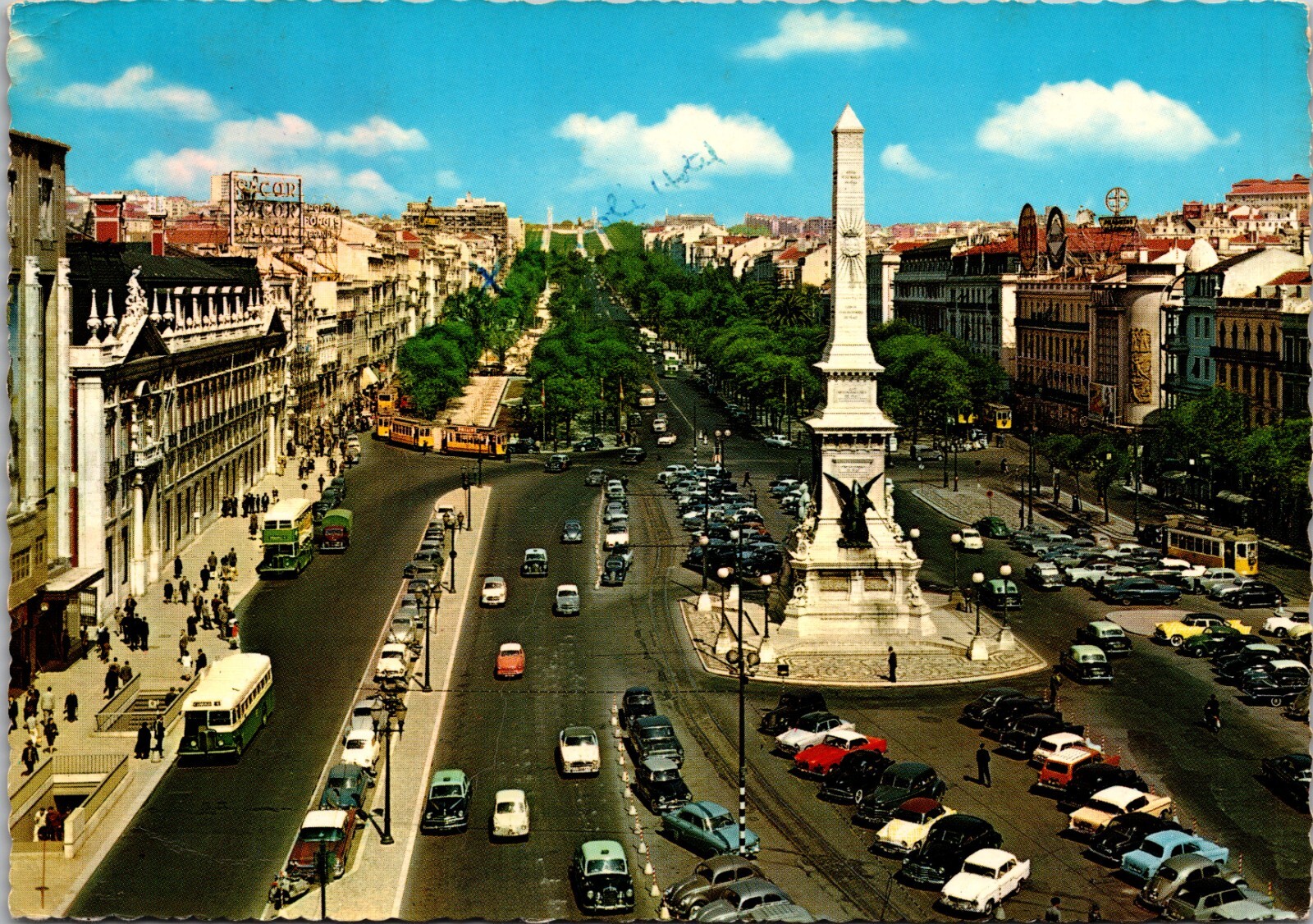 Postcard Lisboa Restauradores Square and Liberty Ave Portugal Posted 1966