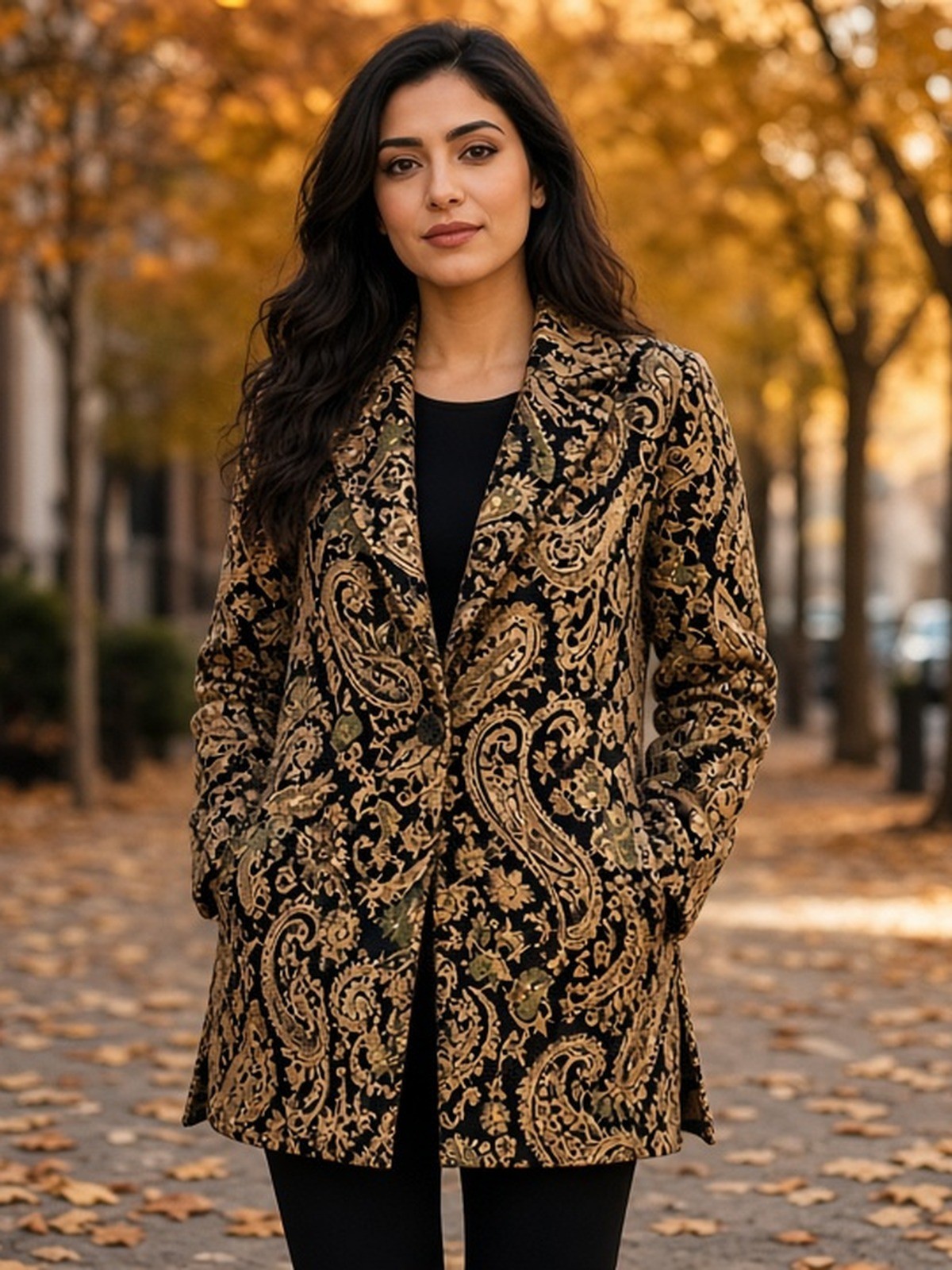 Exclusively Misook Black Paisley Jacquard Knit Jacket Blazer Camel Gold Olive S