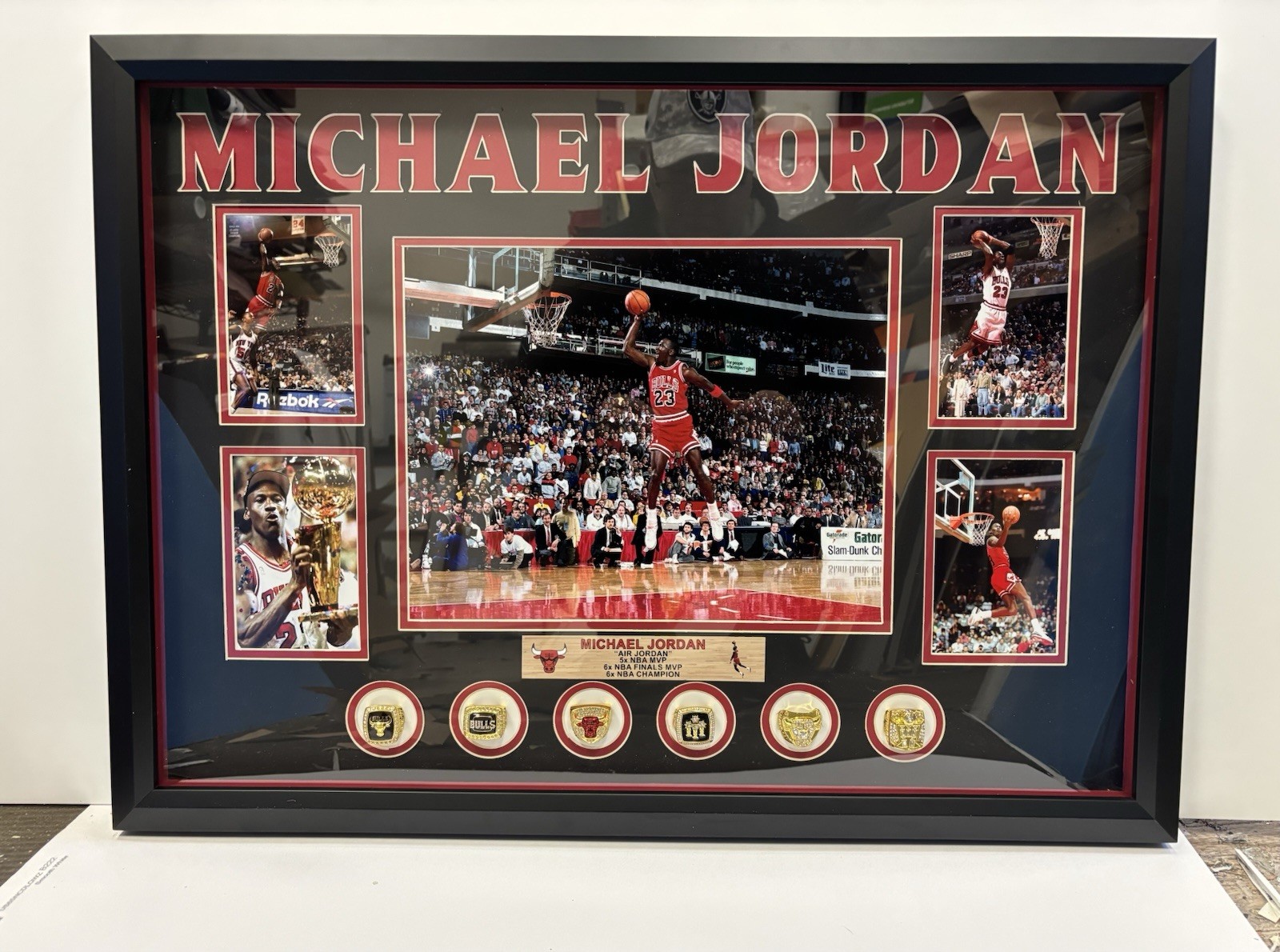 Micheal Jordan NBA Championship Replica Rings collage framed Micheal Jordan NBA Championship Replica Rings collage framed