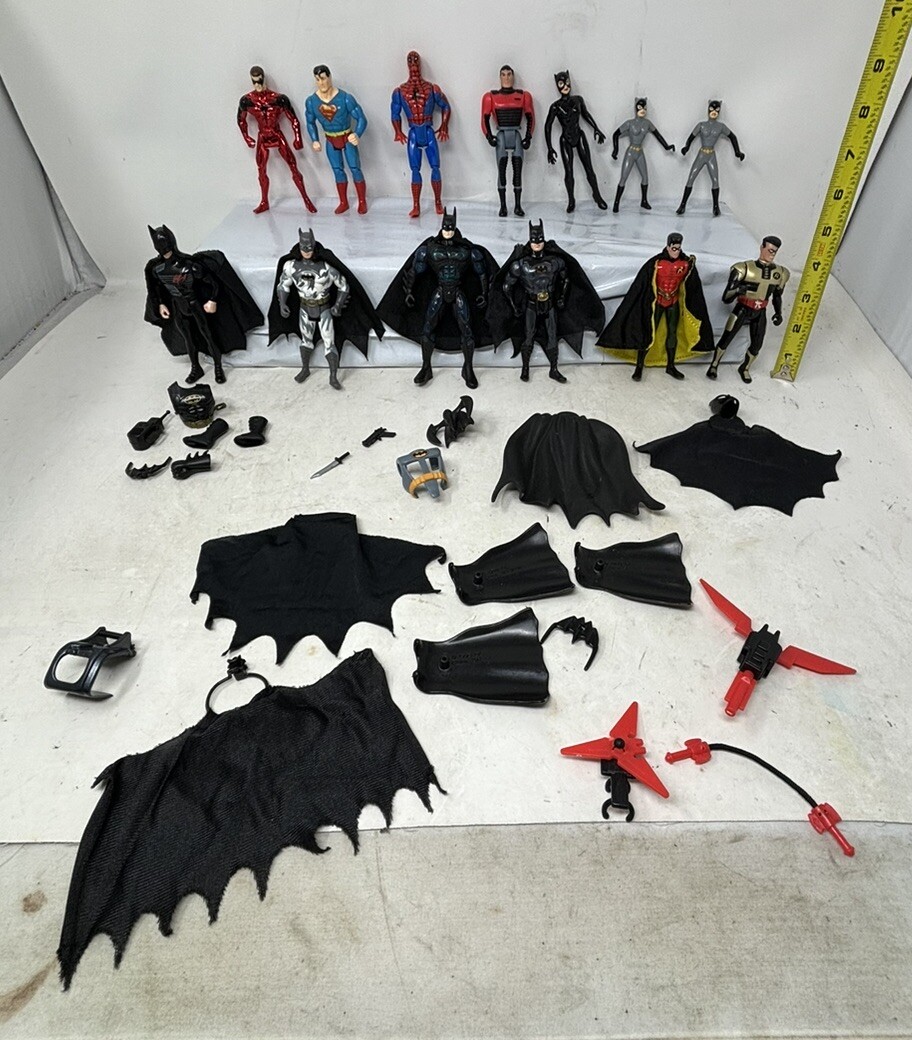 Vintage Kenner DC Figures & Accessories Lot- Batman, Robin, Spiderman Superman
