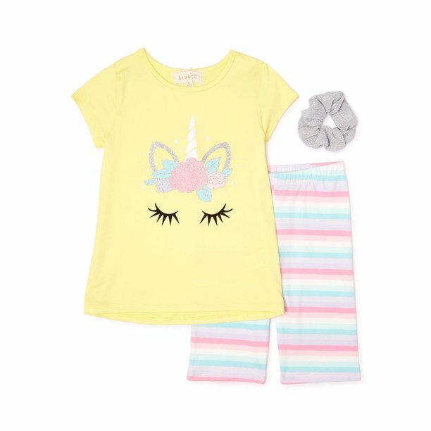 Btween Girls Unicorn Graphic Tee and Tie Dye Bike Shorts With Matching Scrunchie