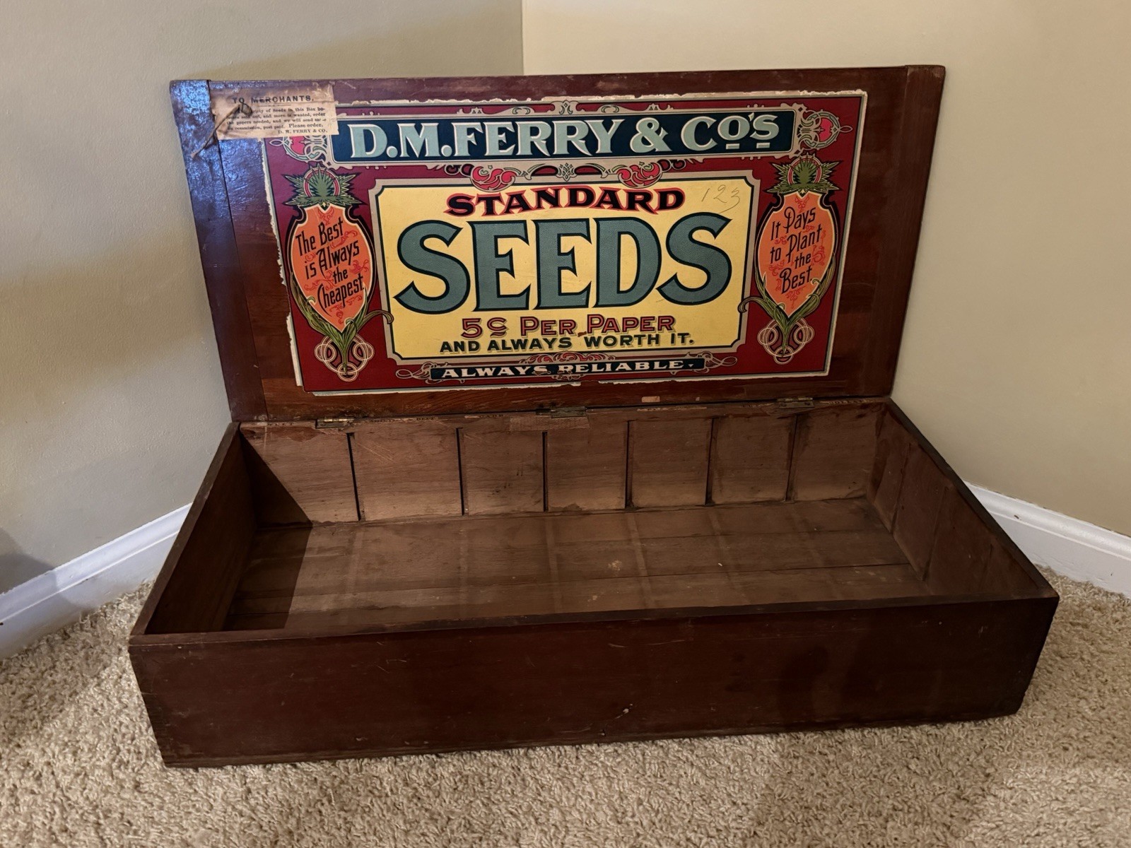 Large Antique D.M. Ferry & Co. Wood Store Seed Box Display w/ Color Label 1900