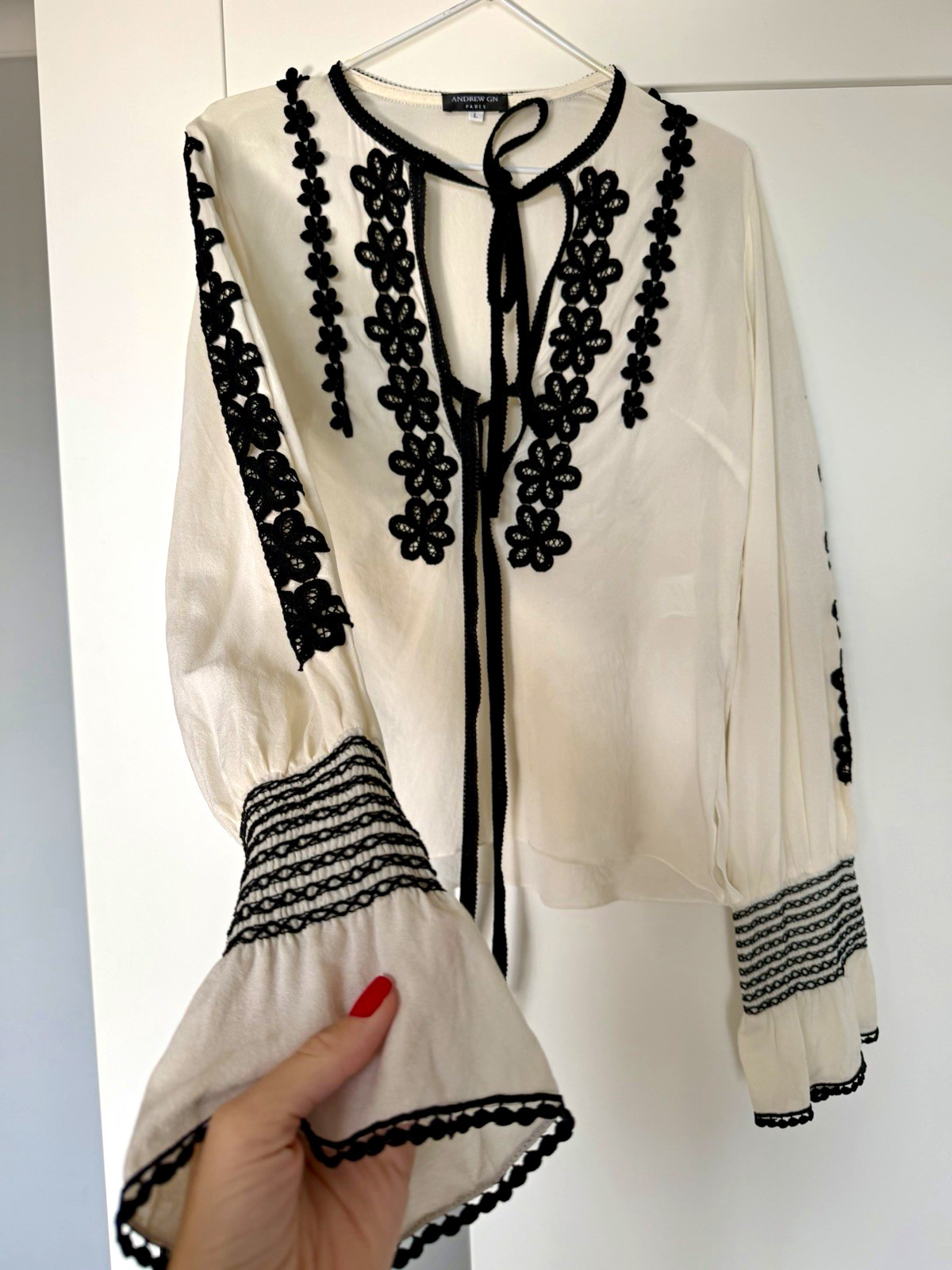 Vintage Andrew GN Paris 100% Silk Blouse Made in France Ivory Black Designer L