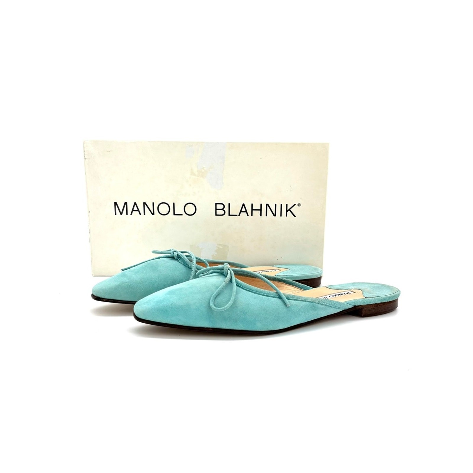 Vintage Manolo Blahnik Bow Suede Ballerimu Slip On Mules Flats 38.5