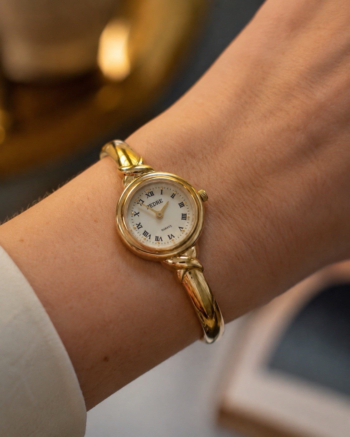 😍 NEW MINT NOS Trendy DAINTY 90s PEDRE Mini Roman Bangle Gold Tone Quartz Watch