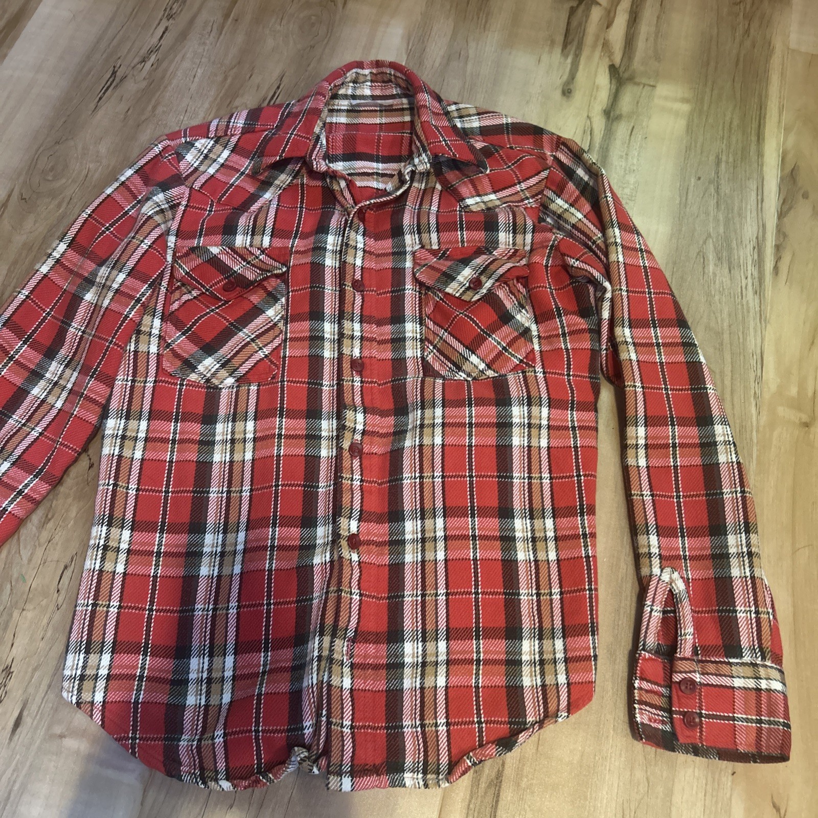 VTG 60S MENS M SEARS COTTON FLANNEL PLAID STRIPE WORK LONG SLEEVE BUTTON SHIRT 
