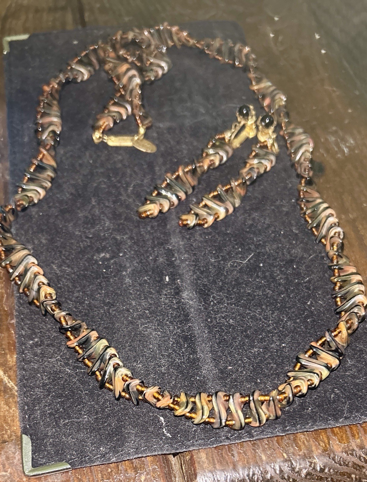 Vintage Signed Miriam Haskell Carnival Glass Fin Bead Necklace & Earring Set