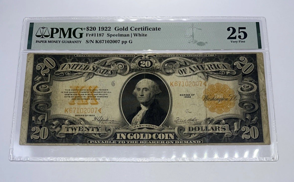 1922 $20 GOLD CERTIFICATES FR# 1187 GRADED BY PMG 25 VERY FINE SPEELMAN/WHITE